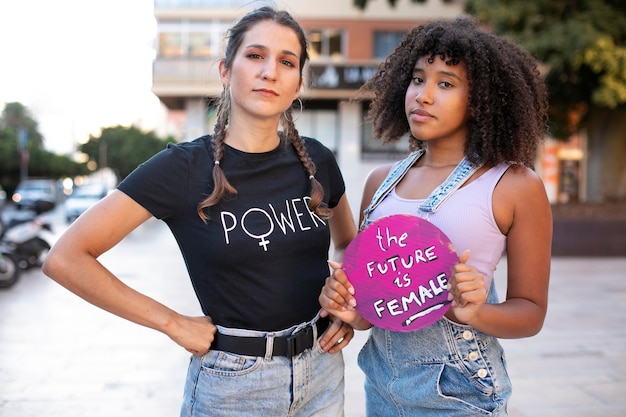 Photo women protesting together for their rights