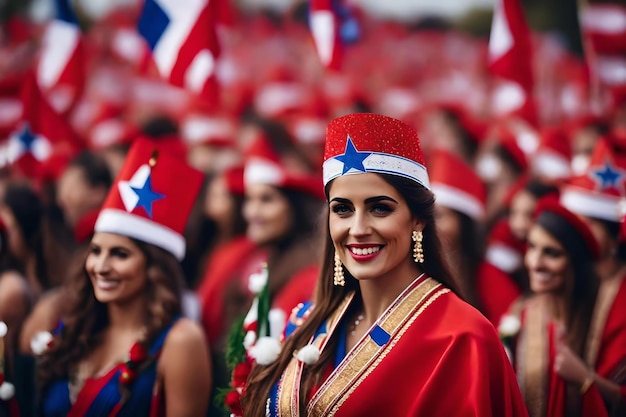 Women in red dresses with the stars on their hats