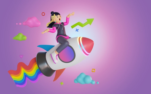 Women riding a rocket up arrow graph 3D Render illustration