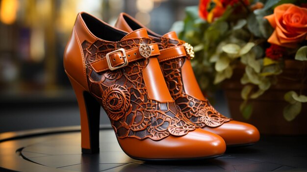 Women's ankle boot shoes on brown
