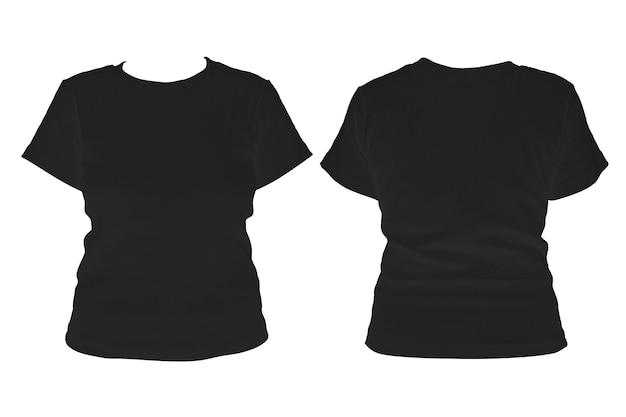 Photo women's black blank tshirt templatefrom two sides natural shape on invisible mannequin for your design mockup for print isolated on white background clipping path