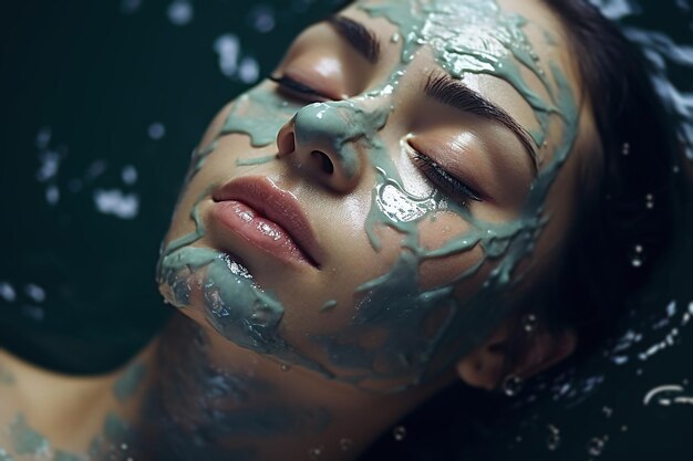 여성 화장품 피부 관리 컨셉은 액체 배경에 누워있는 얼굴에 화장품의 smears와 닫힌 눈을 가진 아름다운 여성 모델