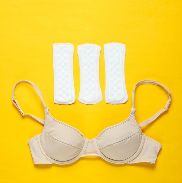 Women's critical days, menstruation. Minimalistic feminine hygiene concept. Beautiful sexy bra, panty liners. Top view