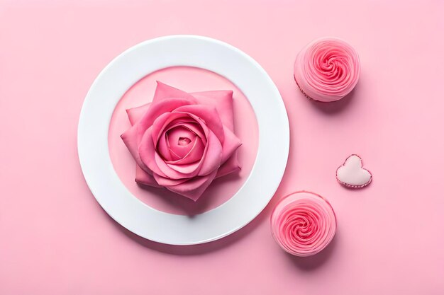 Концепция женского дня Вид сверху на фото белого круга, розовой пионовидной розы и посыпки в форме сердца