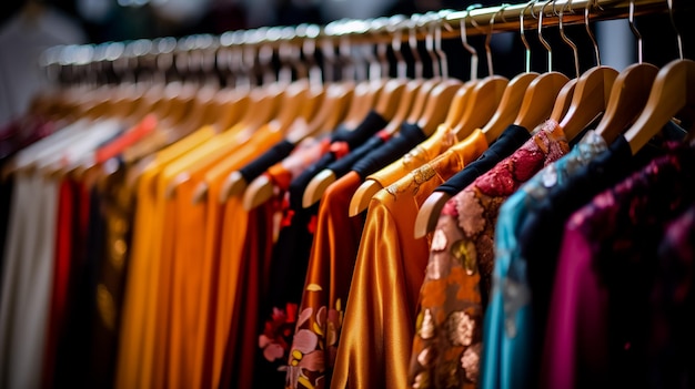 Women's dresses on a rack in a row in a store window