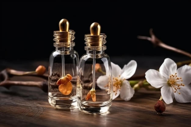 Photo women's dressing table with perfume bottle and flowers women's cosmetics on the table generative ai