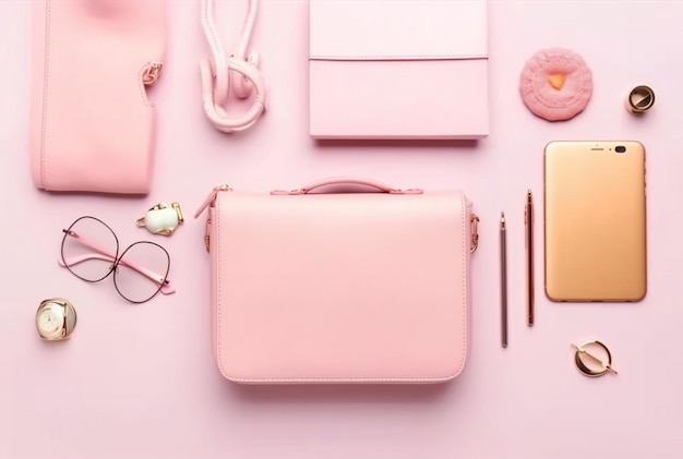 Women's fashion accessories on a pastel background generative ai