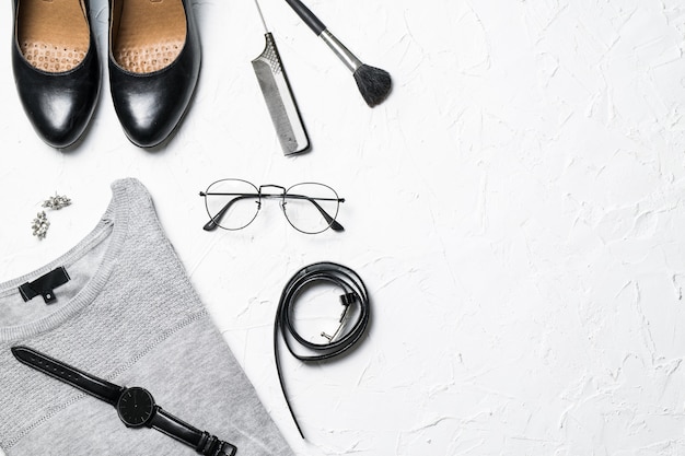 Women's fashion outfit and accessory flatlay