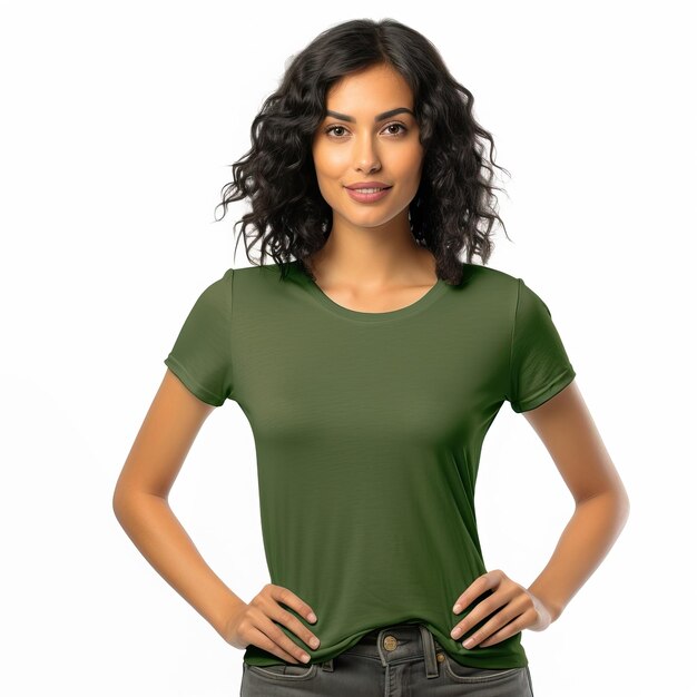 緑色の袖と黒いベルトの女性の緑色のTシャツ