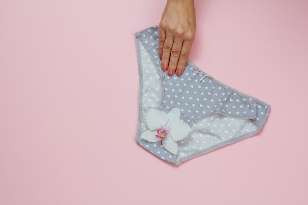 Photo women's hand holding beautiful cotton gray panties on pink background with orchid bud. woman underwear set. top view with copy space.