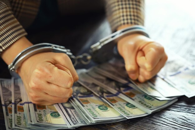 Women's handcuffed hands hold dollars on a dark wooden background