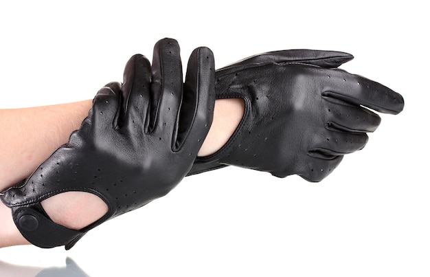 Women's hands in black leather gloves isolated on white