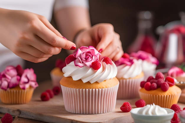 Women's hands of a confectioner decorating cupcakes with raspberries Pastry chef decorates the muf