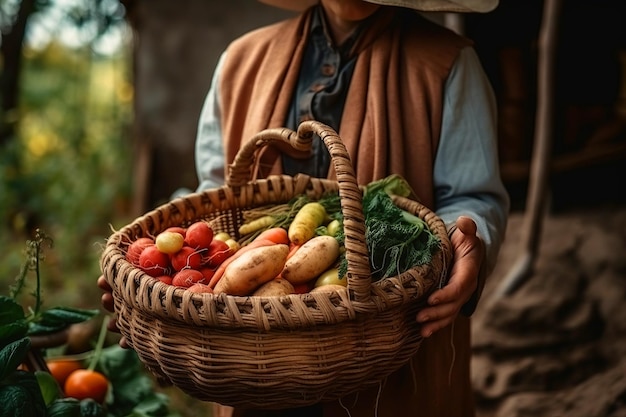 Women's hands hold a basket with the harvest on the background of the farm closeup Generative AI illustration