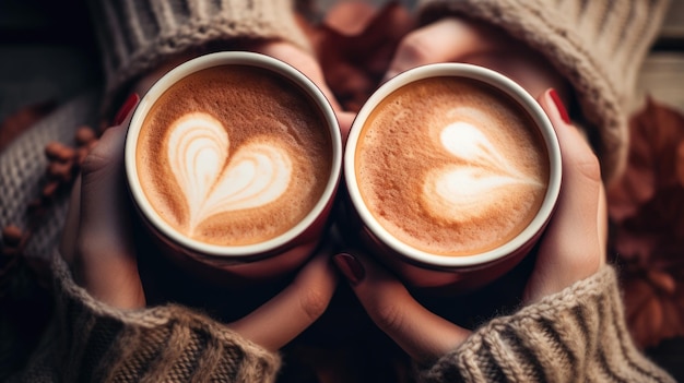 Women's hands in jumpers holding mugs of coffee Created with Generative AI technology