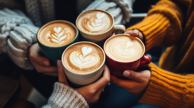 Women's hands in jumpers holding mugs of coffee Created with Generative AI technology