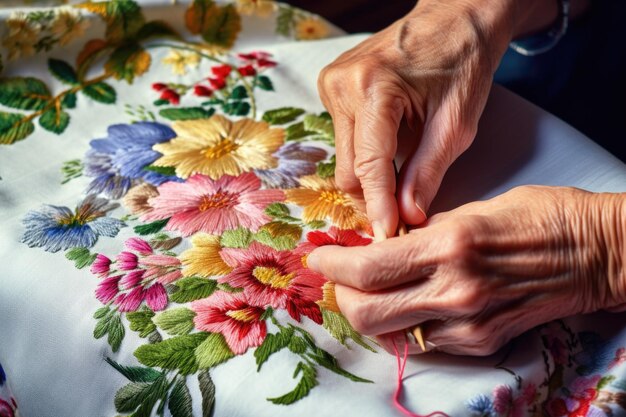 Women's hands knit a blanket Ethno style Handmade Traditional knitting