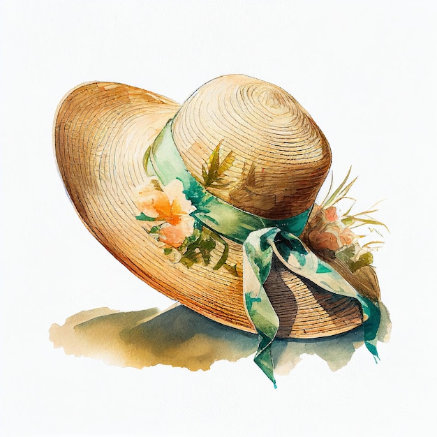 Photo women's hat with flowers watercolor style generative ai