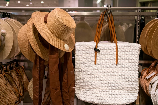 Women's hats on the store counter Women's accessories store