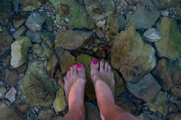 따뜻하고 투명한 바다의 여성 다리 발목 순수한 맑은 물 물의 에너지를 부드럽게