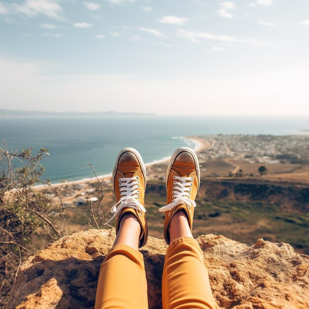 Photo women's legs in light sneakers view from a high mountain active hiking