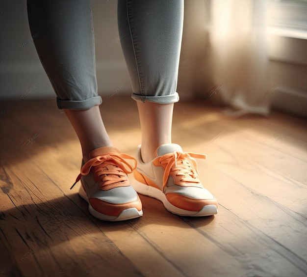 Women's legs in sweatpants white socks and white sneakers with green elements against the background of the track with markings in the stadium