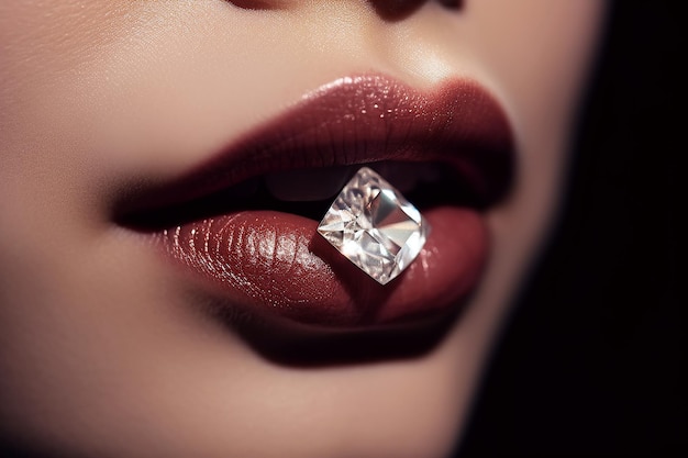 Women's lips with gemstone diamond ring closeup Generative AI