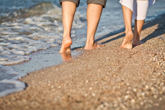 Women's and men's feet on the shore of a sandy beach on a sunny day