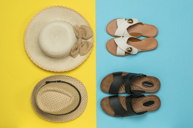 Women's and men's hats and women's and men's sandals. The concept of a family summer vacation.