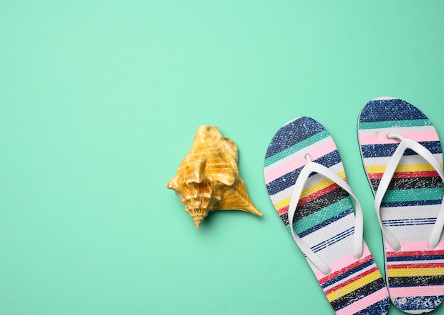 Women's multicolored slippers and seashell on green background, top view