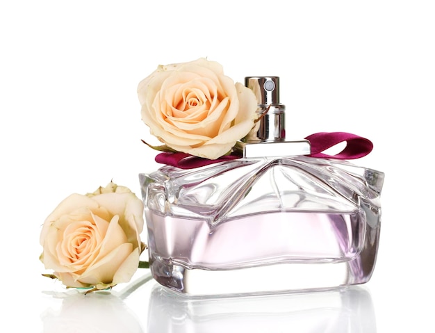 Women's perfume in beautiful bottle on white background