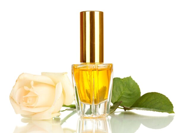 Women's perfume in beautiful bottle with rose isolated on white