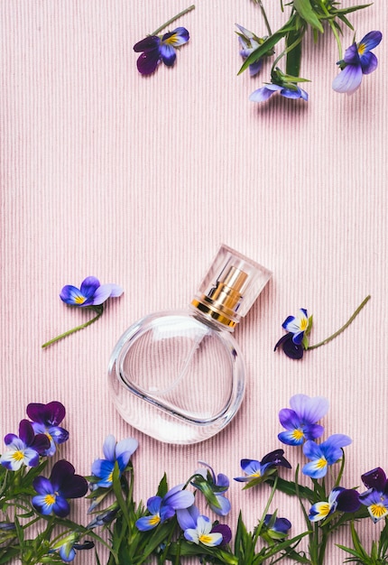 Women's perfume bottle and violets flowers on pink background