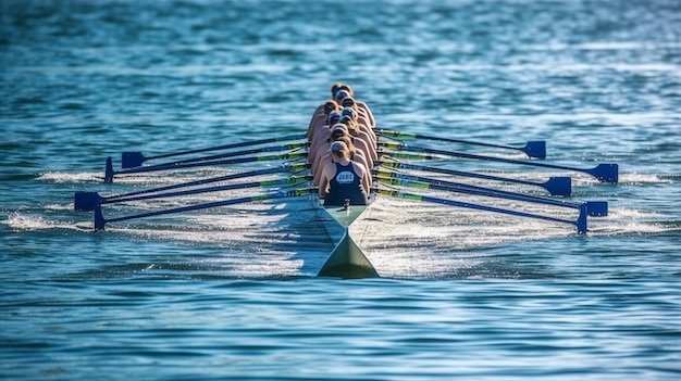 Women's rowing team on blue water Generative AI