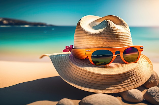 Women's straw hat with a bow and sunglasses on background of a pebble beach