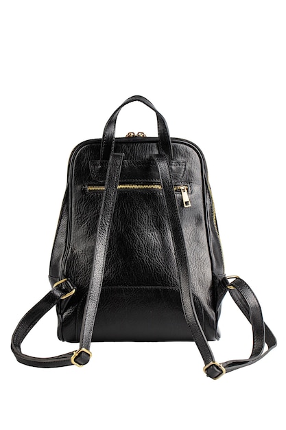 women's stylish bag made of black genuine leather, backpack, isolated