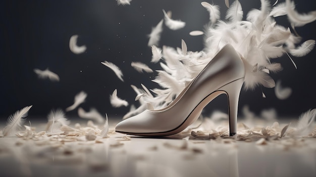 Women's wedding shoes in feathers bridal salon advertising Al generated illustration