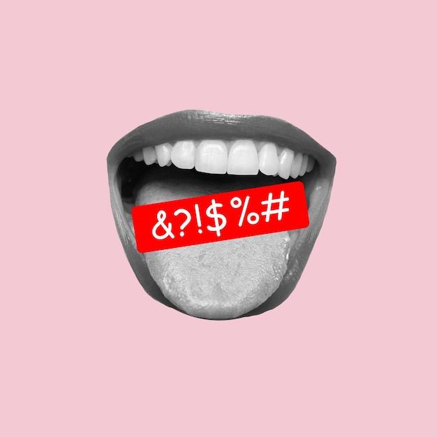 Women's wide open mouth showing tongue with line of swearing speech censored with symbols