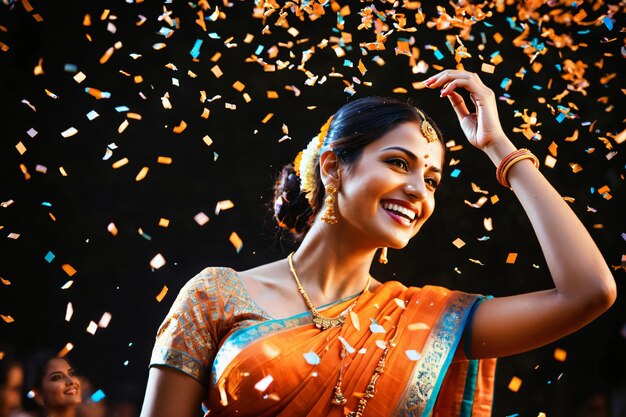 Photo women in saree golden confetti