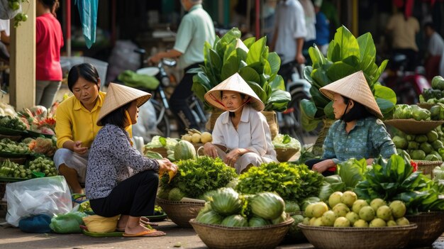 市内の市場で野菜を売る女性たち