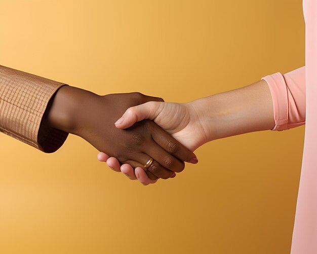 Women shaking hands over a yellow background