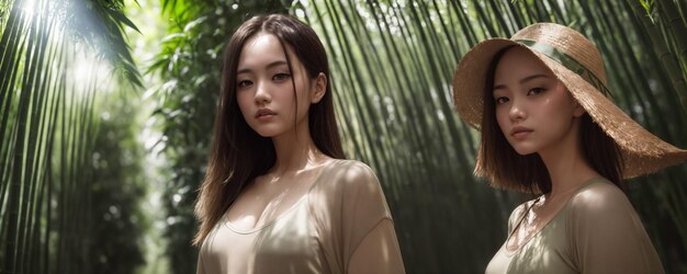 Women in a shirts standing in front of a bamboo forest