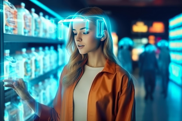 Women in shopping mall to use hologram display in the shop shopping online technology virtual reality in retail combine Created with Generative Ai