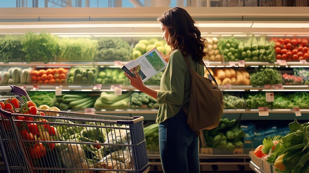 슈퍼마켓 채소에서 트롤리와 함께 쇼핑하는 여성