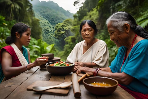 Photo women sit at a table with food and a woman in the background.