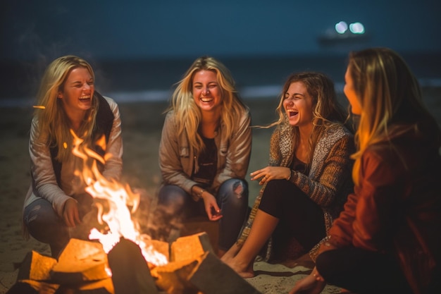 Photo women sitting around a campfire with a fire and a fire in the background.