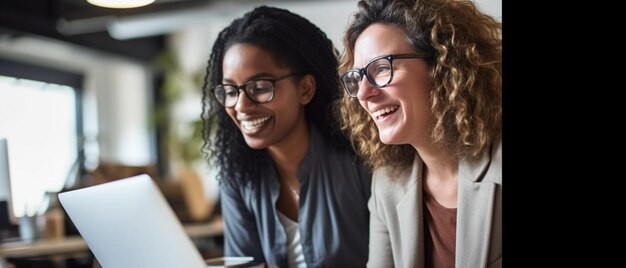 コンピューターに座っている女性そのうちの1人は彼らの前にラップトップを持っています