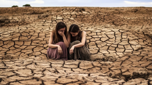 женщины сидят, обняв колени, согнувшись на сухой земле