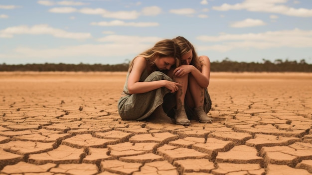 women sitting hugging their knees bent on the dry soil