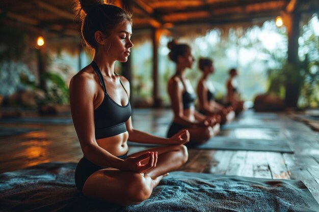 Women sitting on yoga mats meditating